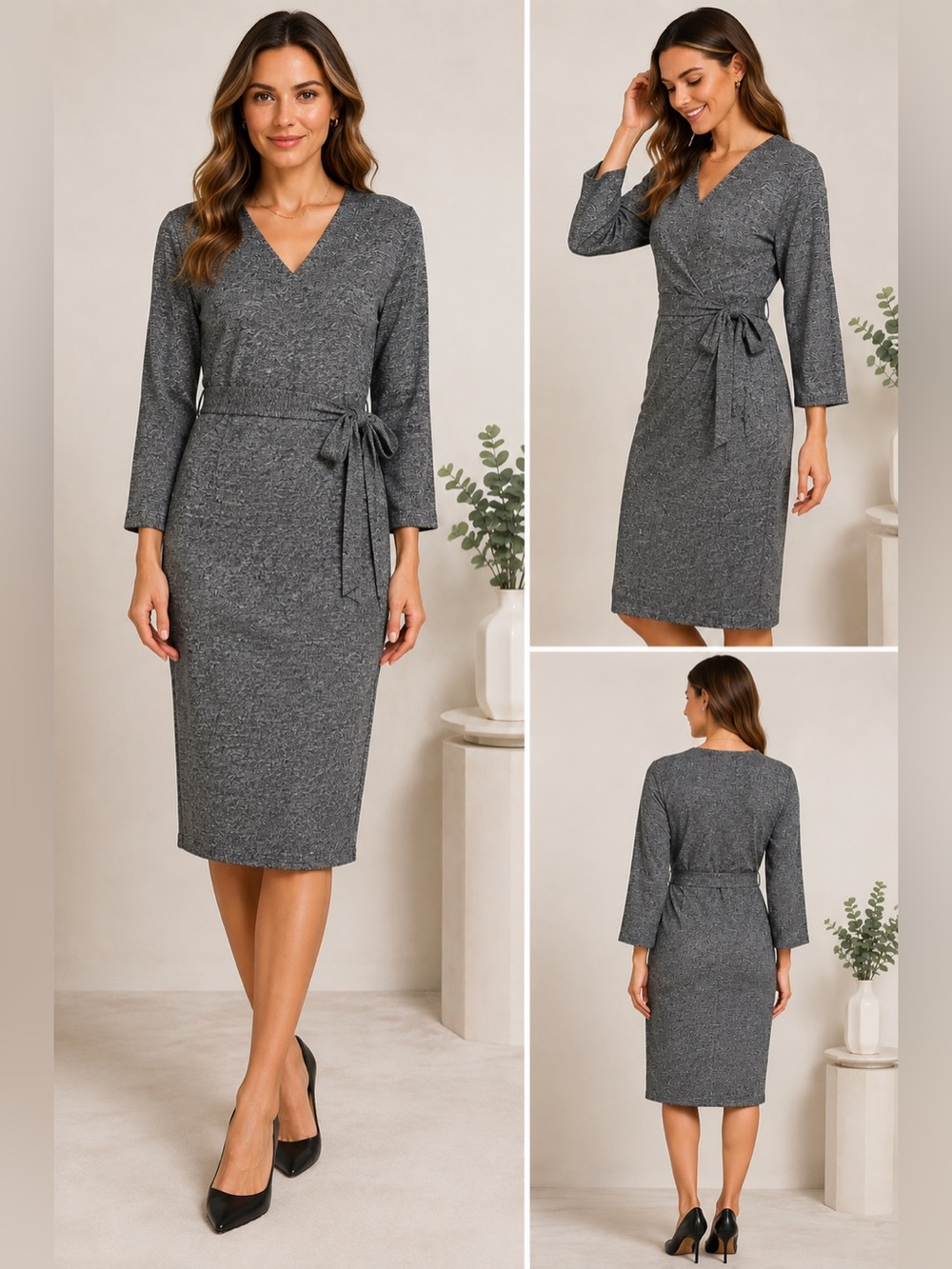 Margaret O’Leary Charcoal Gray V Neck Belted Midi Dress Size M